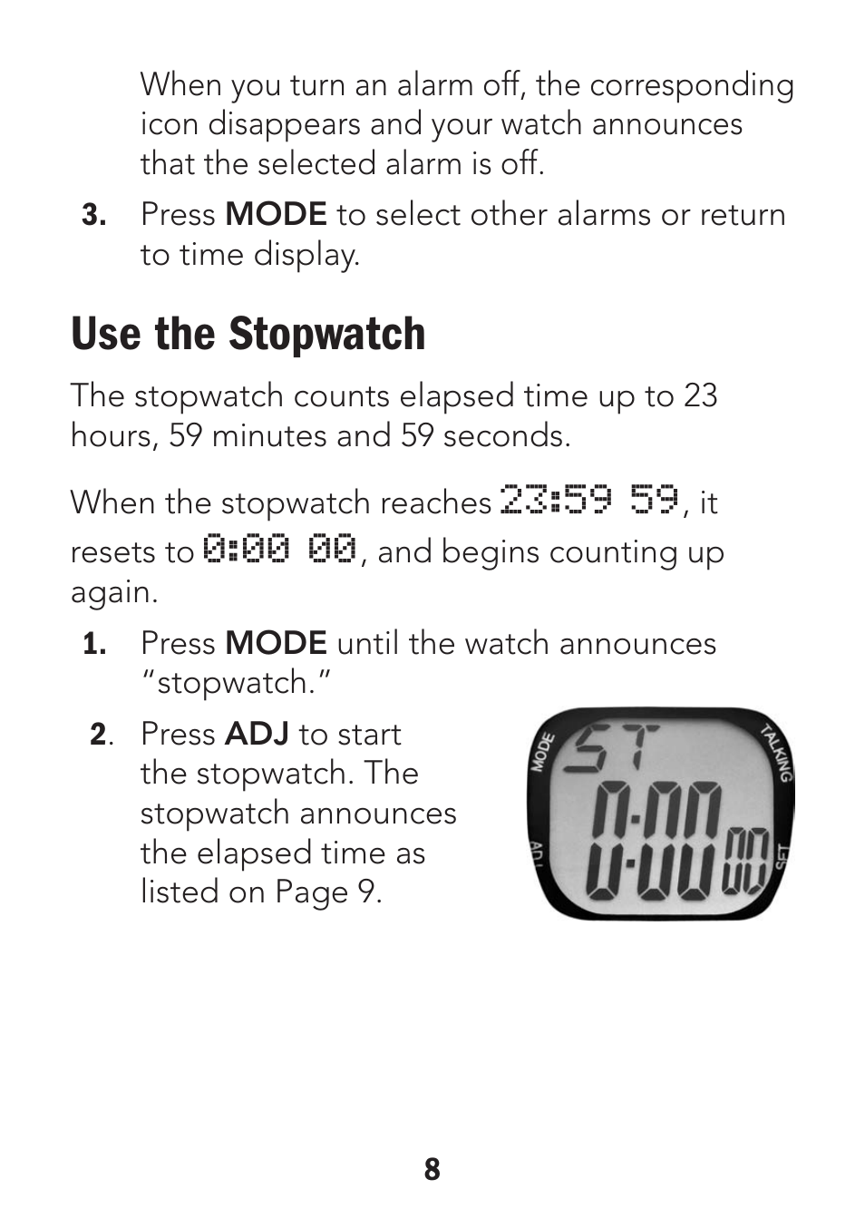 Use the stopwatch | Radio Shack 63-255 User Manual | Page 8 / 14