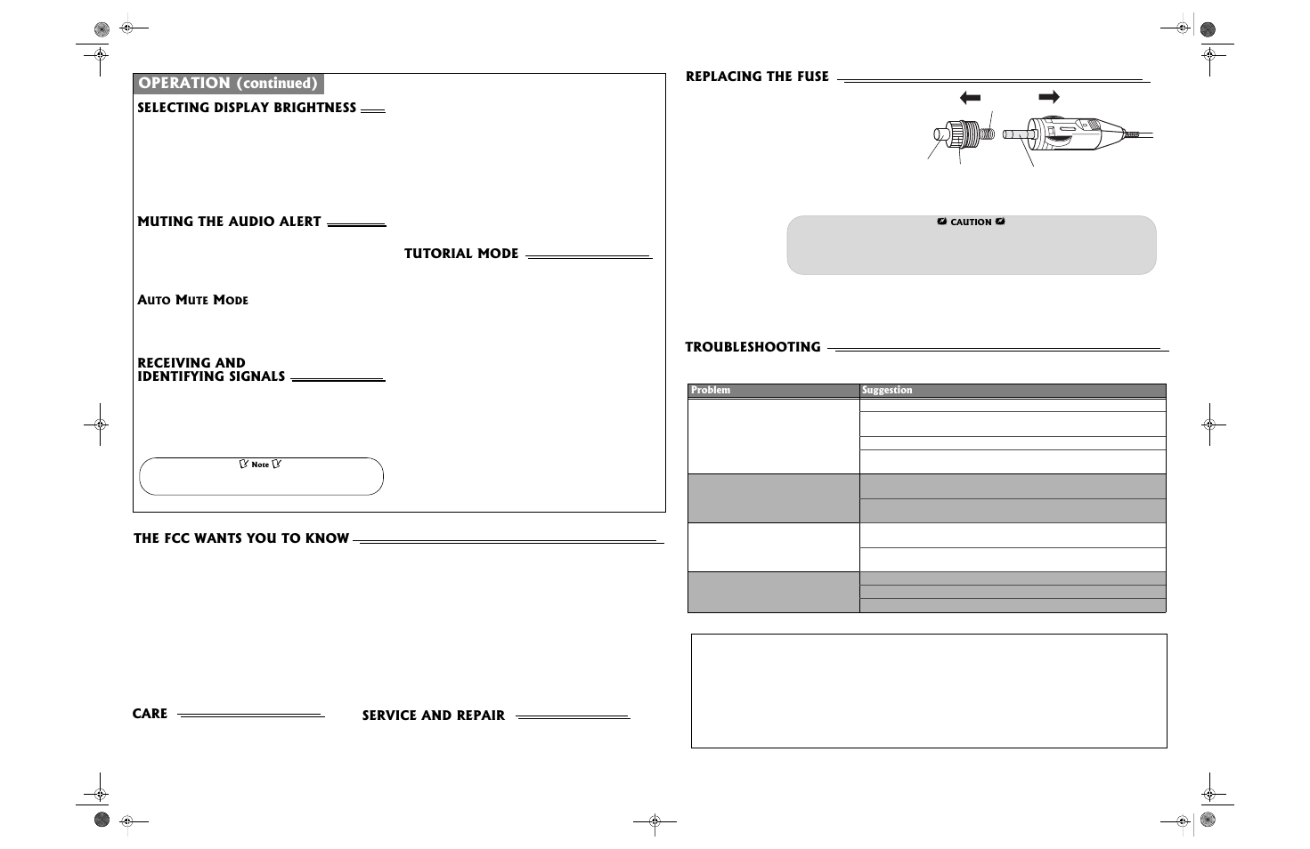 Operation (continued), Troubleshooting, Selecting display brightness | Muting the audio alert, Receiving and identifying signals, The fcc wants you to know, Replacing the fuse, Care, Service and repair, Tutorial mode | Radio Shack 22-1695 User Manual | Page 2 / 2