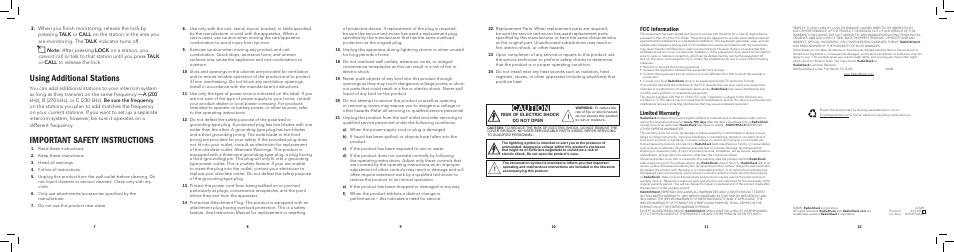 Using additional stations, Important safety instructions, Caution | Fcc information, Limited warranty | Radio Shack 43-3105 User Manual | Page 2 / 2