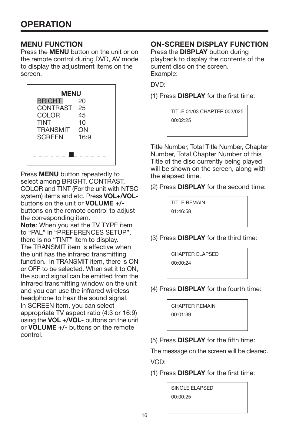 Operation, Menu function, On-screen display function | Radio Shack PLRDVD7 User Manual | Page 16 / 28