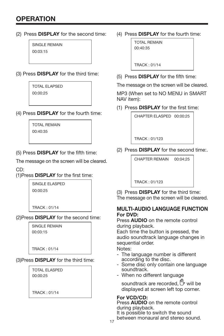 Operation, Multi-audio language function | Radio Shack PLRDVD7 User Manual | Page 17 / 28