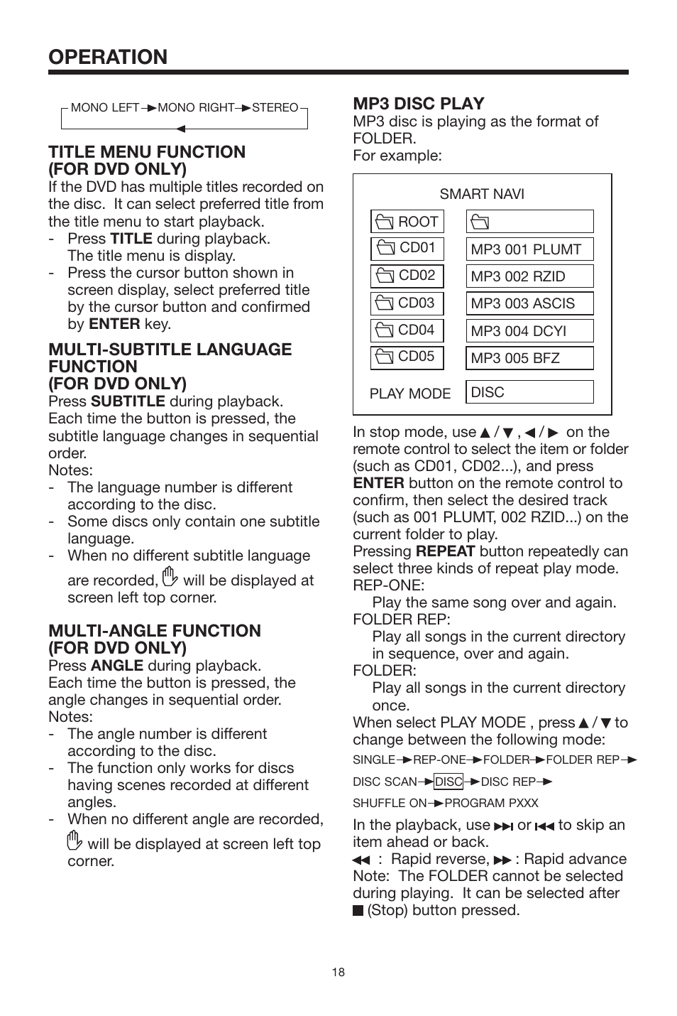 Operation, Title menu function (for dvd only), Multi-subtitle language function (for dvd only) | Multi-angle function (for dvd only), Mp3 disc play | Radio Shack PLRDVD7 User Manual | Page 18 / 28