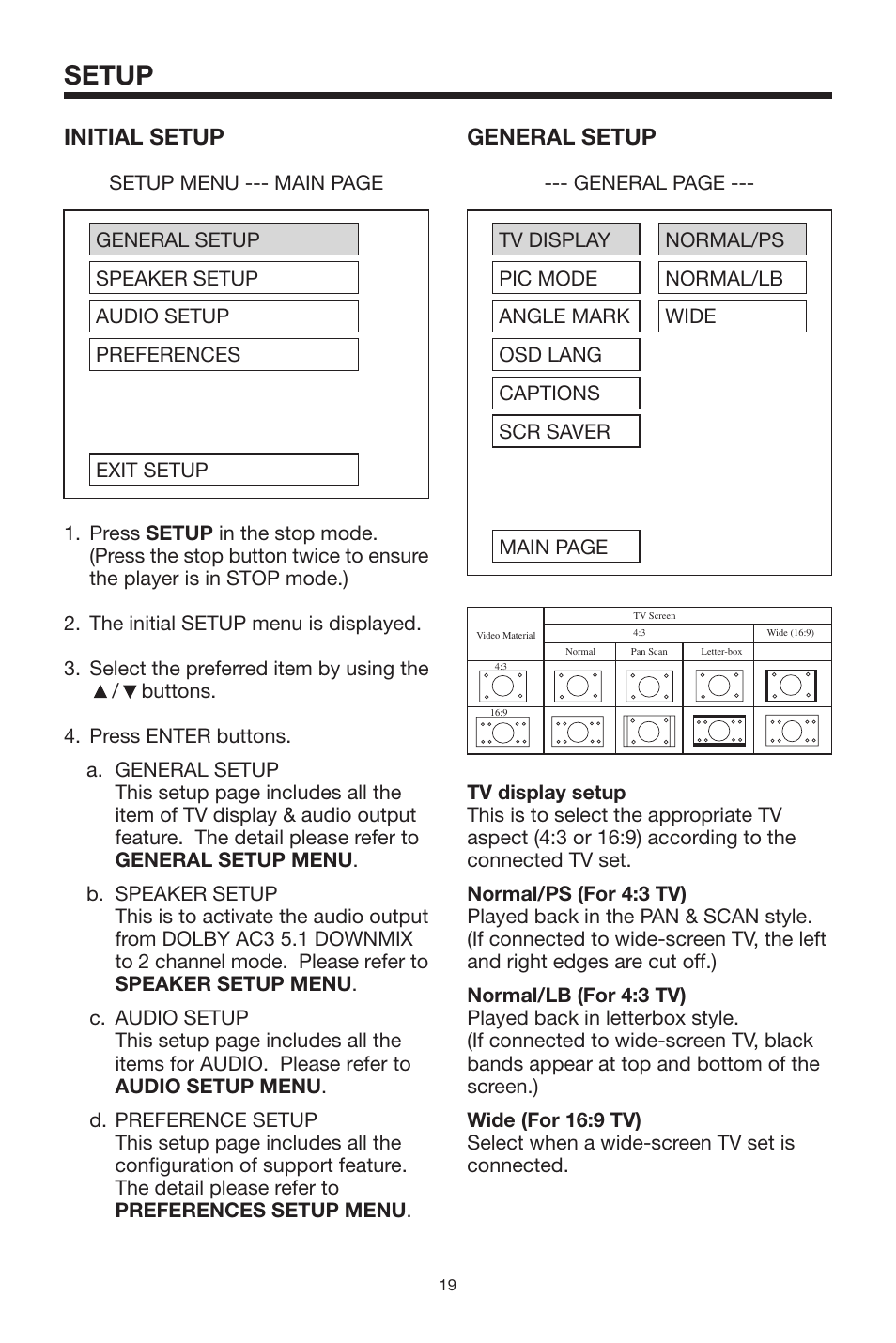 Setup, General setup, Initial setup | Radio Shack PLRDVD7 User Manual | Page 19 / 28