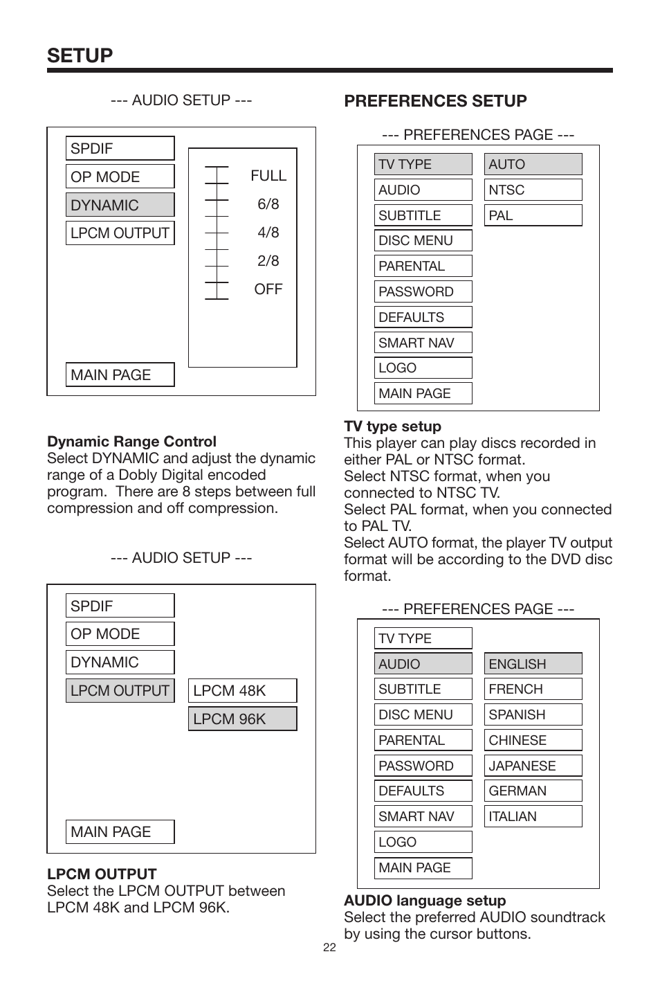 Setup, Preferences setup | Radio Shack PLRDVD7 User Manual | Page 22 / 28