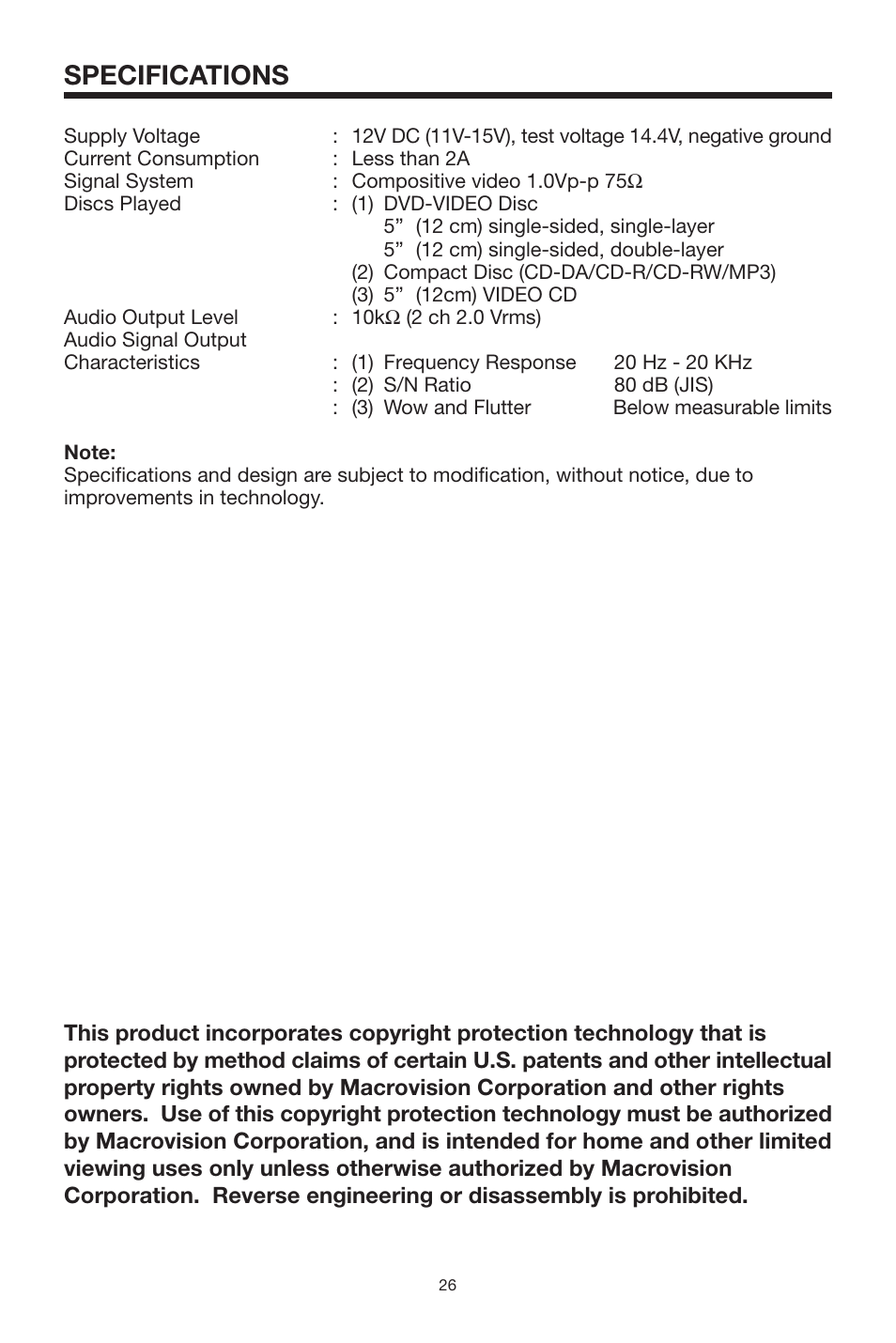 Specifications | Radio Shack PLRDVD7 User Manual | Page 26 / 28