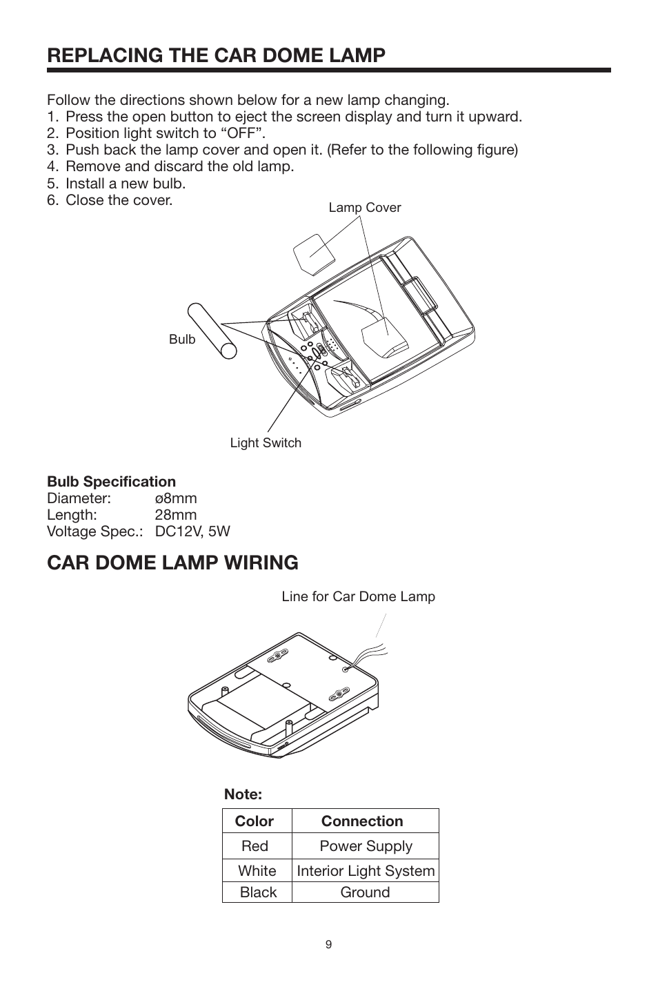 Replacing the car dome lamp, Car dome lamp wiring | Radio Shack PLRDVD7 User Manual | Page 9 / 28