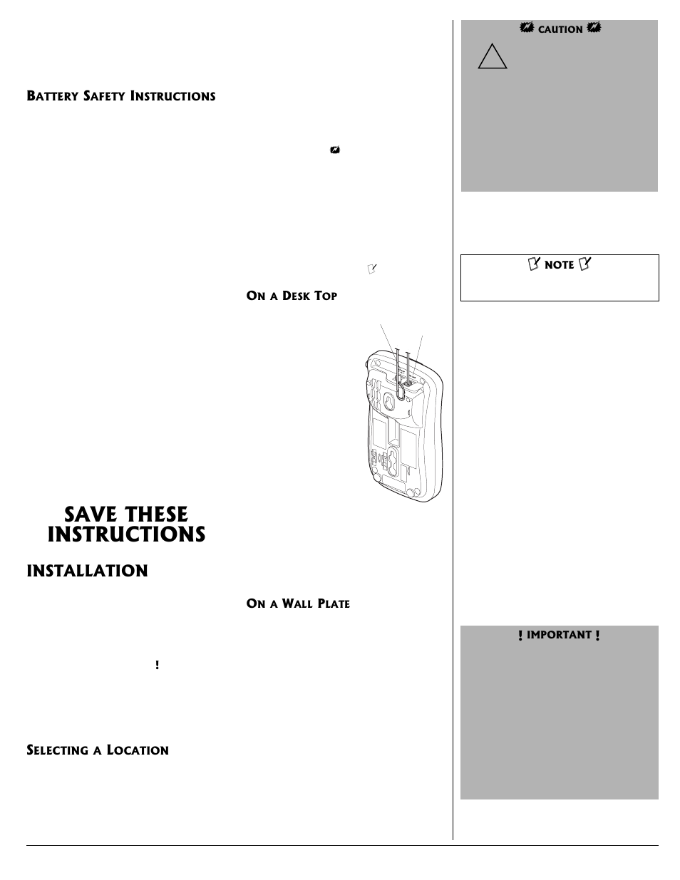 Battery safety instructions, Installation, Selecting a location | On a desk top on a wall plate | Radio Shack 43-3537 User Manual | Page 3 / 10