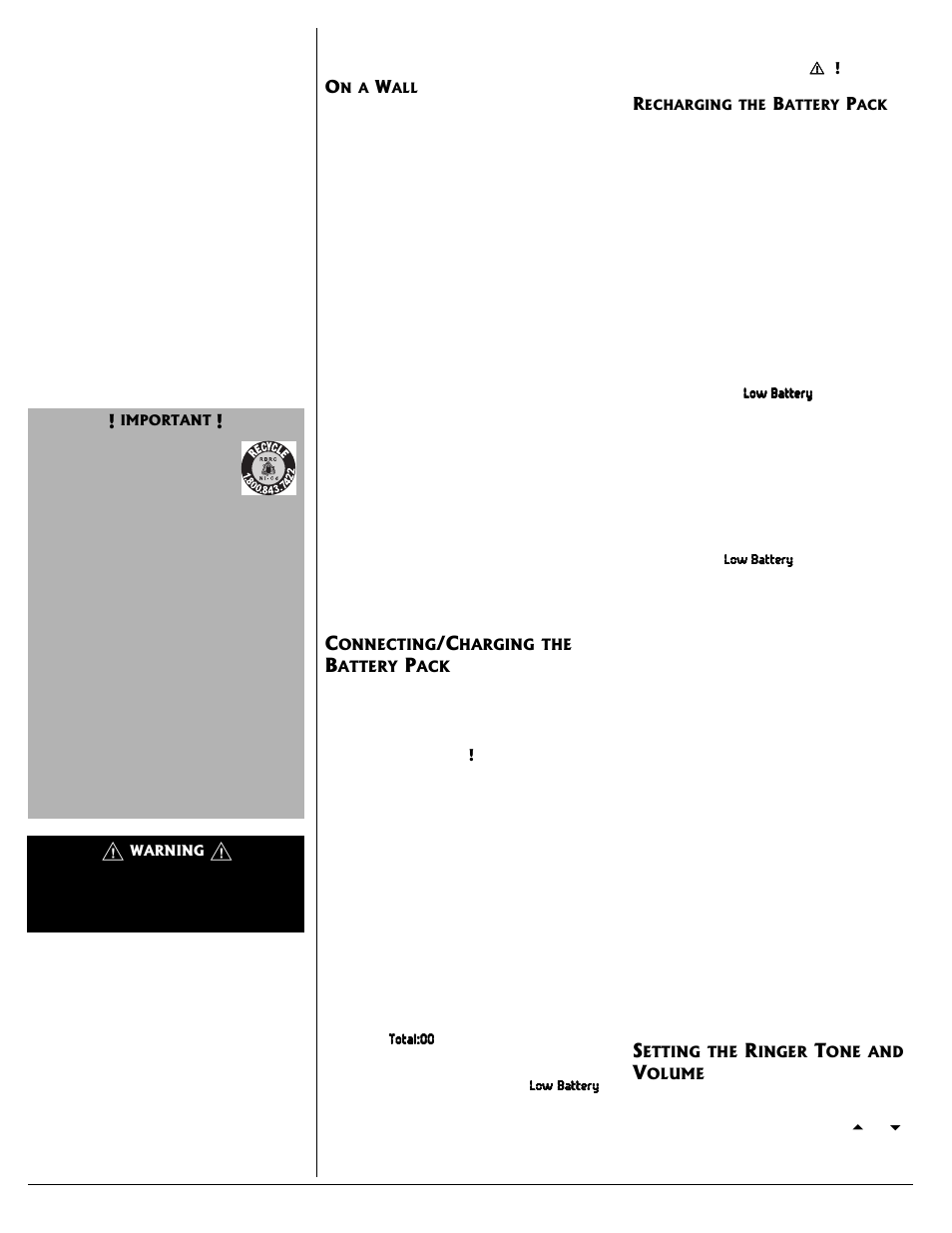 On a wall, Connecting/charging the battery pack, Recharging the battery pack | Setting the ringer tone and volume | Radio Shack 43-3537 User Manual | Page 4 / 10