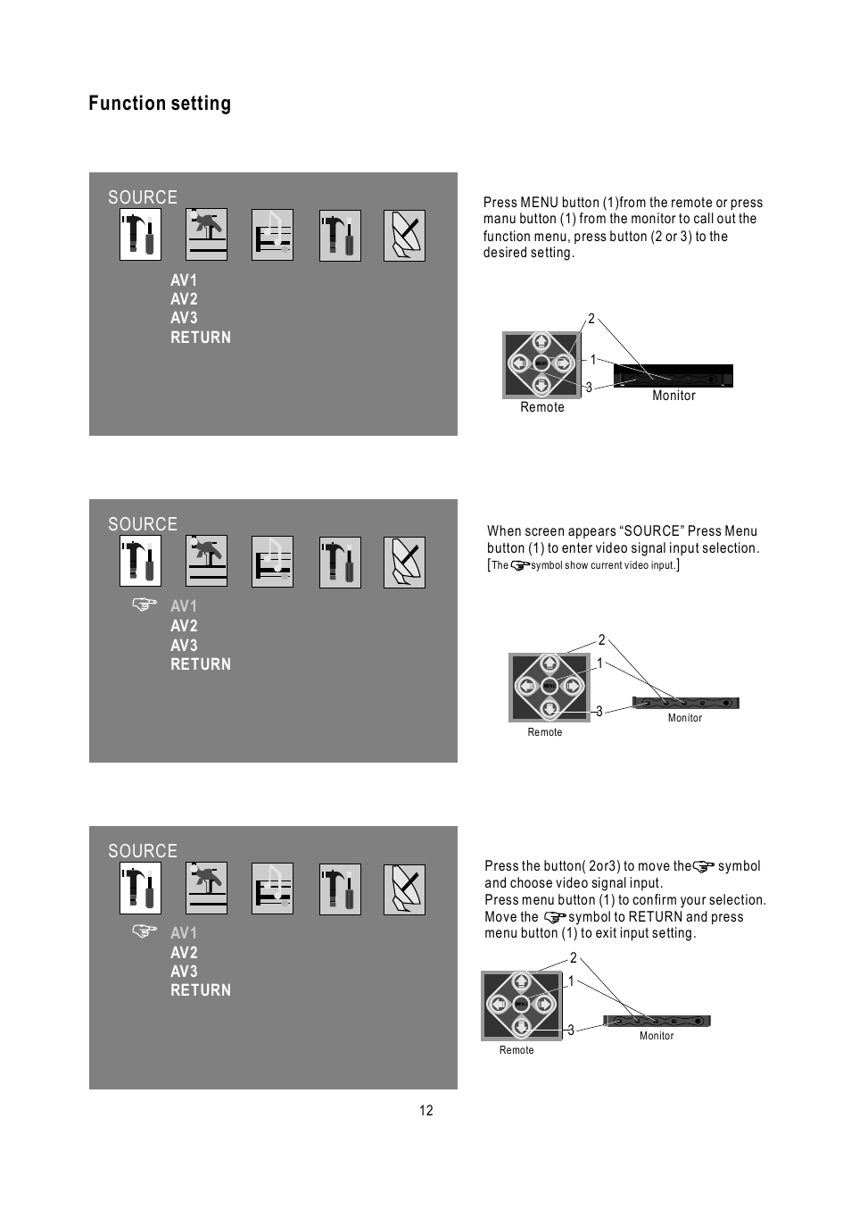 Function setting, Source | Radio Shack PLVH7IP User Manual | Page 13 / 20