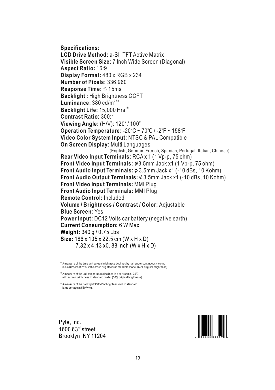 Luminance: 380 cd/m | Radio Shack PLVH7IP User Manual | Page 20 / 20
