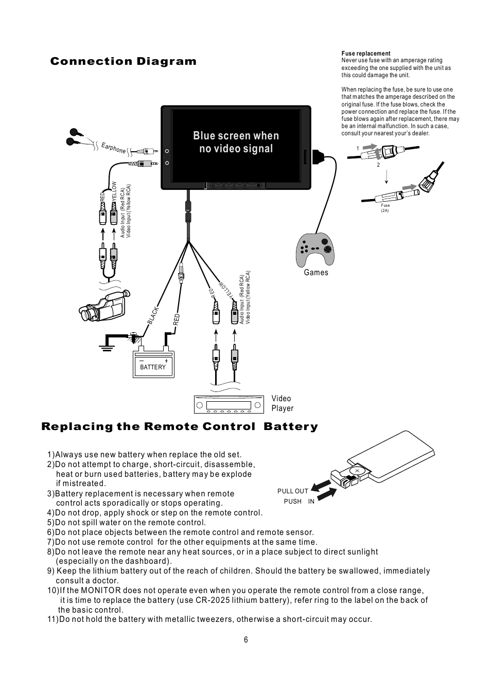 Blue screen when no video signal, Replacing the remote control batter y, Connection diagram | Video player, Games | Radio Shack PLVH7IP User Manual | Page 7 / 20