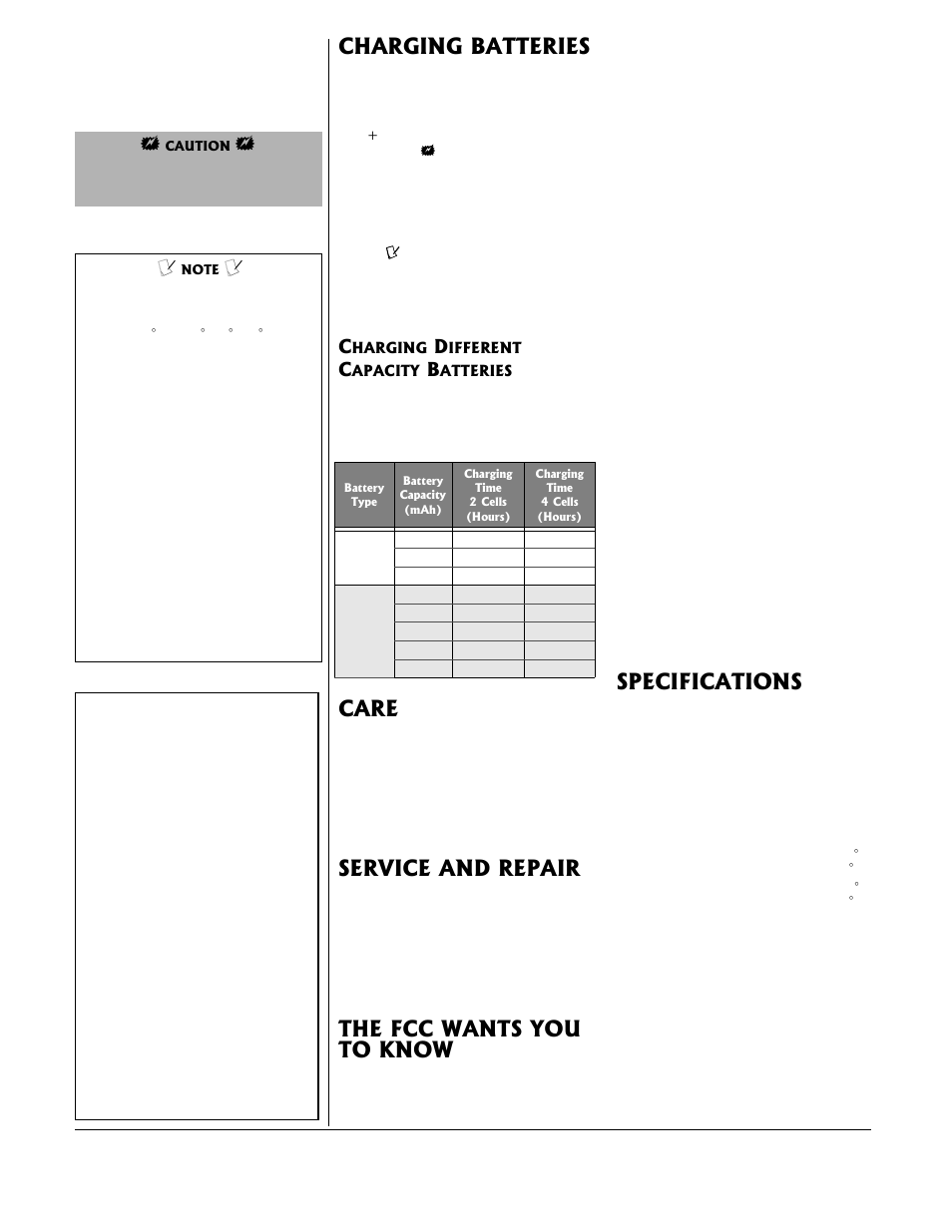 Charging batteries, Care, Service and repair | The fcc wants you to know, Specifications | Radio Shack 23-043 User Manual | Page 2 / 2