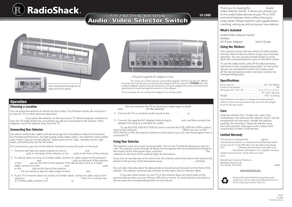 Radio Shack 15-1985 User Manual | 1 page