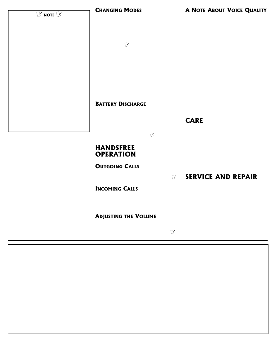 Handsfree operation, Care, Service and repair | Radio Shack 17-908 User Manual | Page 2 / 2