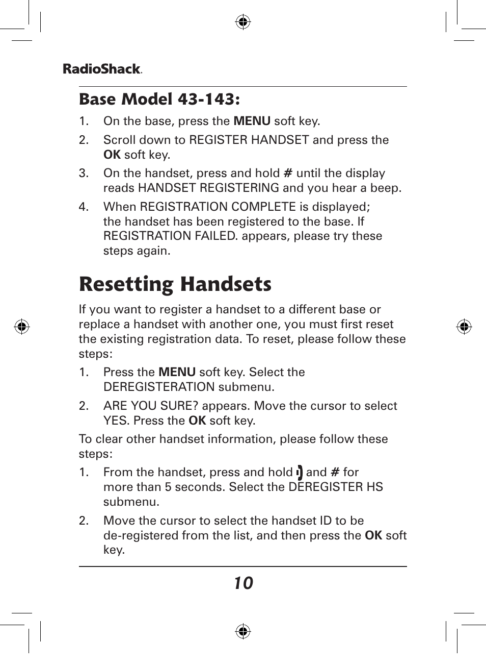 Resetting handsets | Radio Shack 43-141 User Manual | Page 10 / 28