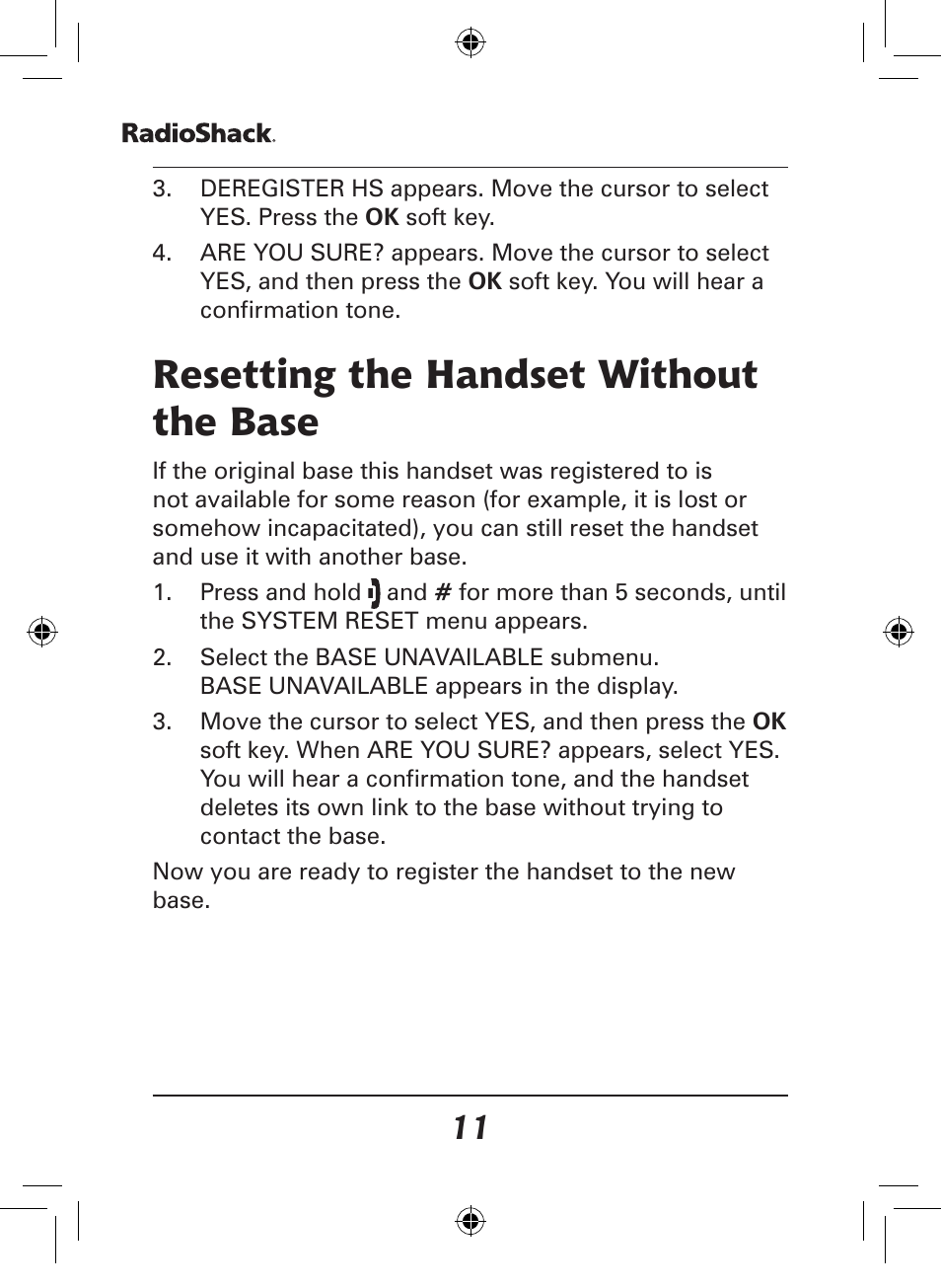 Resetting the handset without the base | Radio Shack 43-141 User Manual | Page 11 / 28