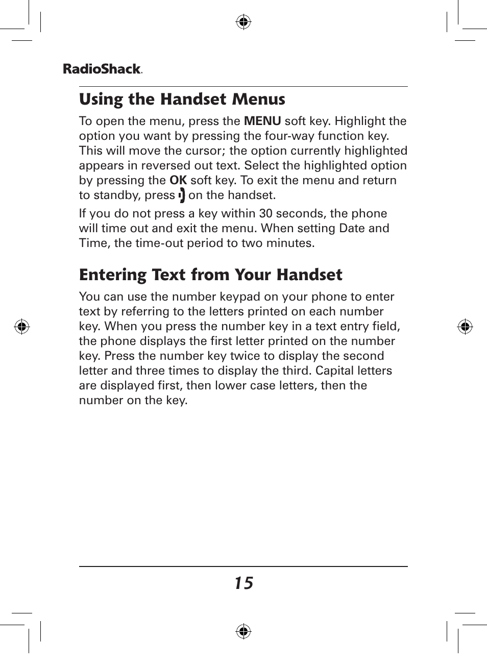 Using the handset menus, Entering text from your handset | Radio Shack 43-141 User Manual | Page 15 / 28