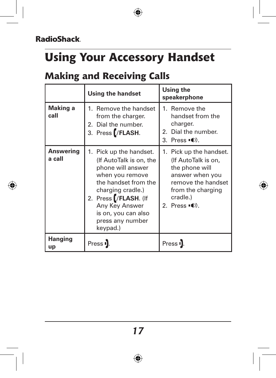 Using your accessory handset, Making and receiving calls | Radio Shack 43-141 User Manual | Page 17 / 28