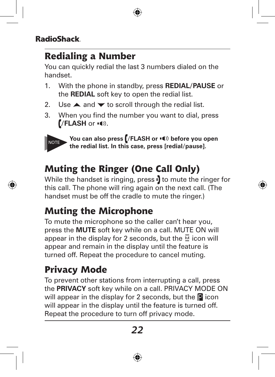 Redialing a number, Muting the ringer (one call only), Muting the microphone | Privacy mode | Radio Shack 43-141 User Manual | Page 22 / 28