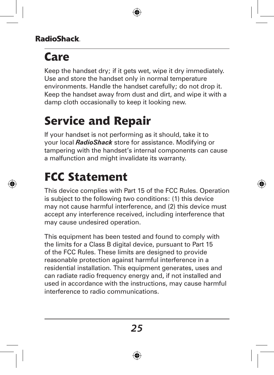 Care, Service and repair, Fcc statement | Radio Shack 43-141 User Manual | Page 25 / 28