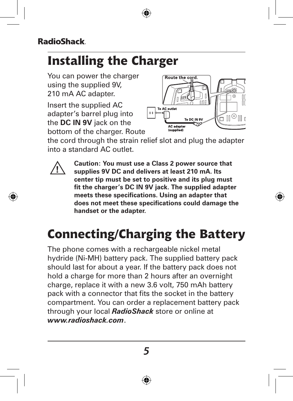 Installing the charger, Connecting/charging the battery | Radio Shack 43-141 User Manual | Page 5 / 28