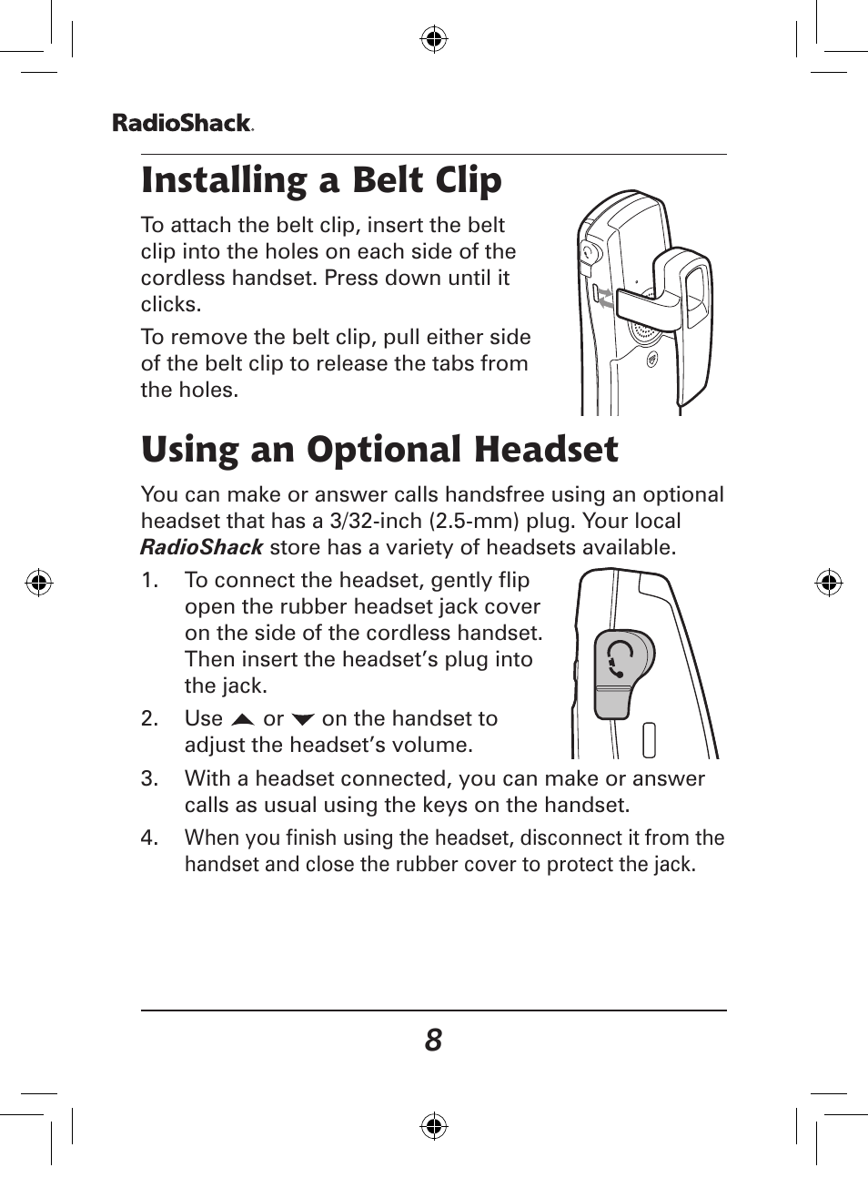 Installing a belt clip, Using an optional headset | Radio Shack 43-141 User Manual | Page 8 / 28