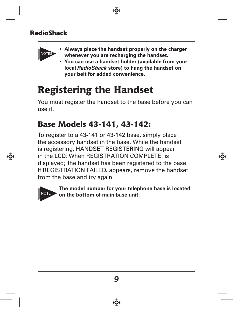 Registering the handset | Radio Shack 43-141 User Manual | Page 9 / 28