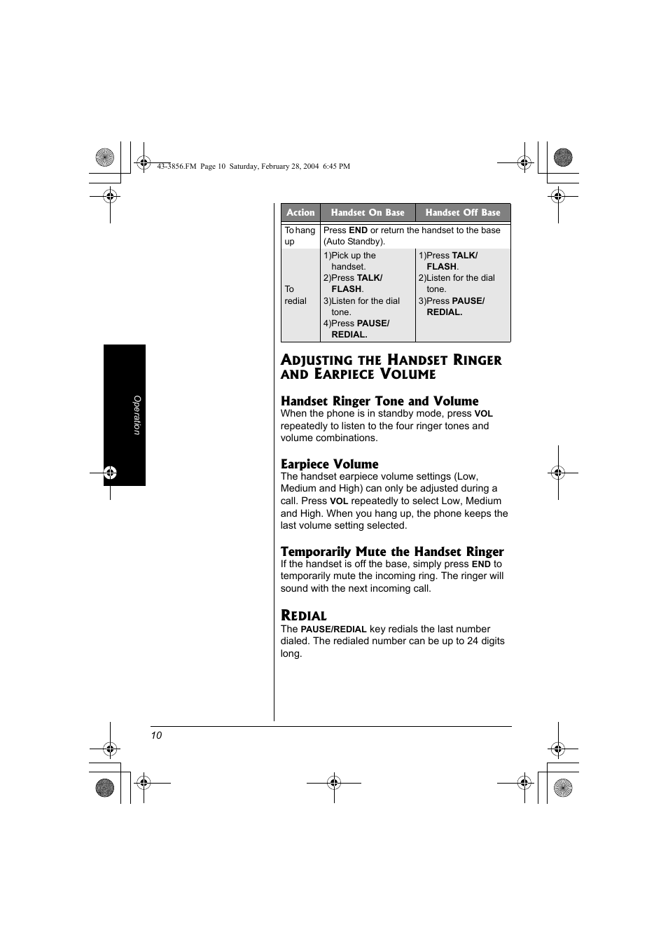 Adjusting the handset ringer and, Earpiece volume, Redial | Radio Shack 43-3856 User Manual | Page 10 / 36