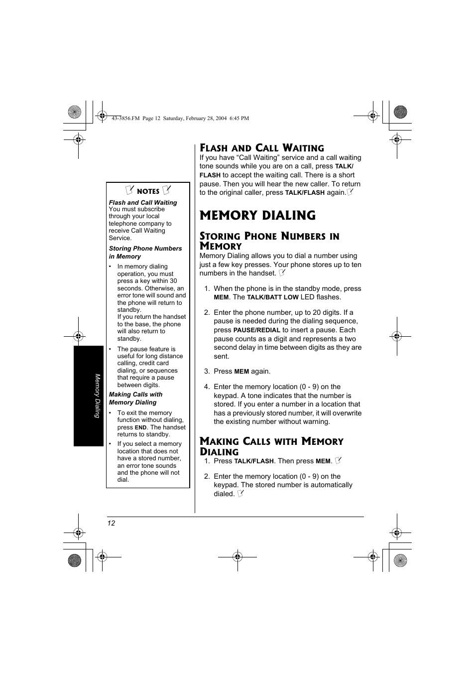 Flash and call waiting, Memory dialing | Radio Shack 43-3856 User Manual | Page 12 / 36