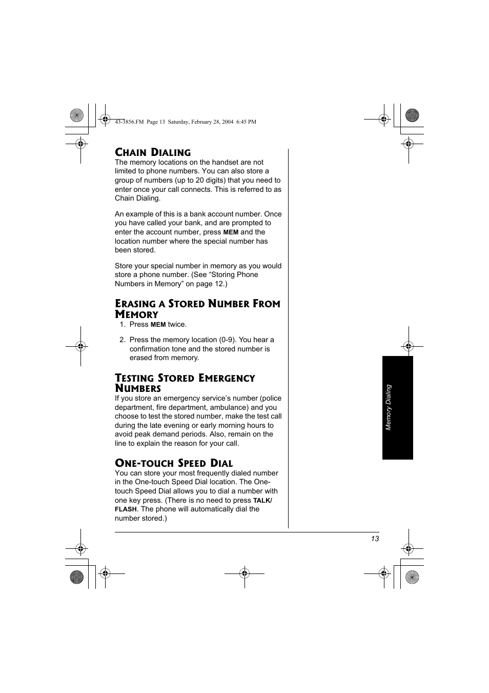 Chain dialing erasing a stored number from, Memory | Radio Shack 43-3856 User Manual | Page 13 / 36