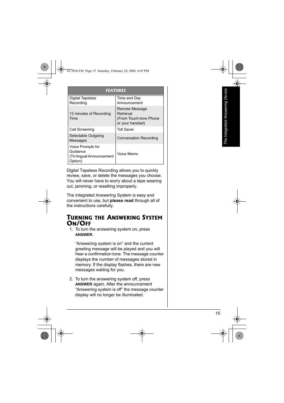 Turning the answering system on/off | Radio Shack 43-3856 User Manual | Page 15 / 36