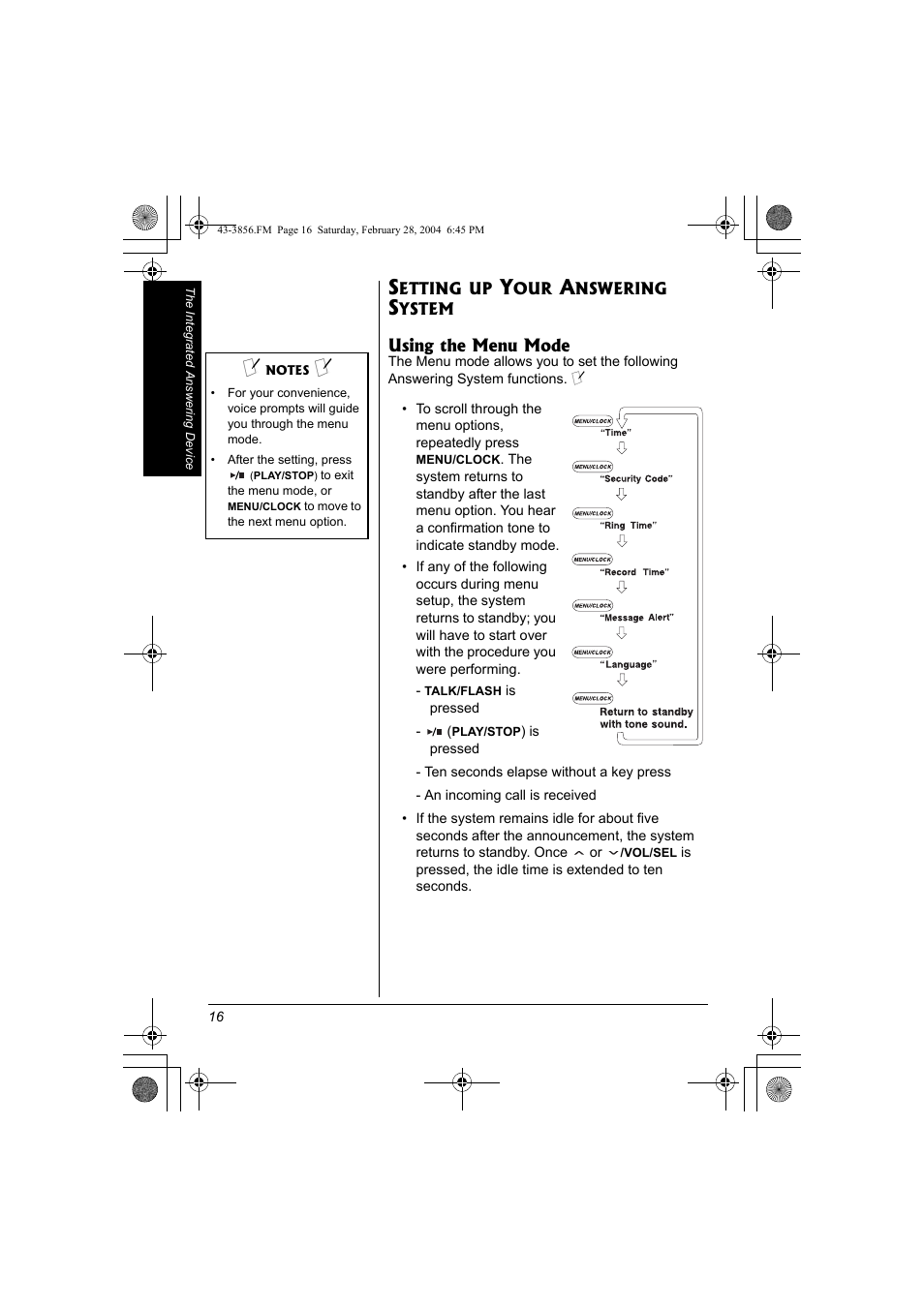 Setting up your answering system, Using the menu mode | Radio Shack 43-3856 User Manual | Page 16 / 36