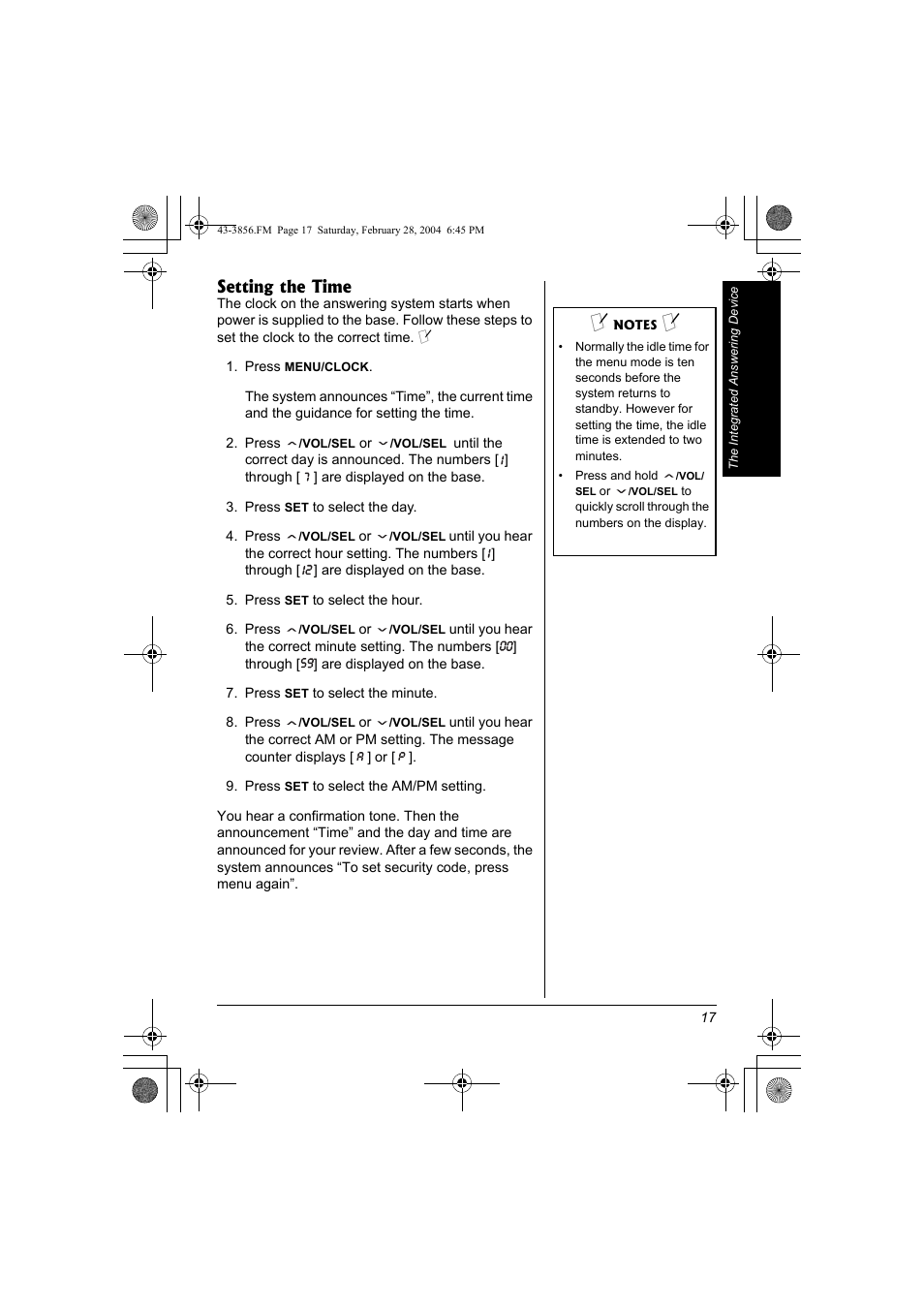 Setting the time | Radio Shack 43-3856 User Manual | Page 17 / 36