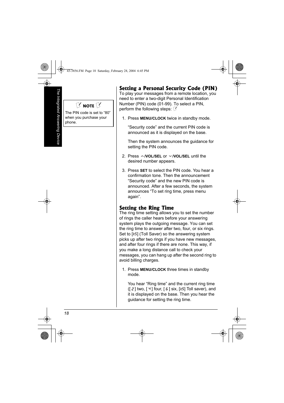 Setting a personal security code, Pin), Setting the ring time | Radio Shack 43-3856 User Manual | Page 18 / 36