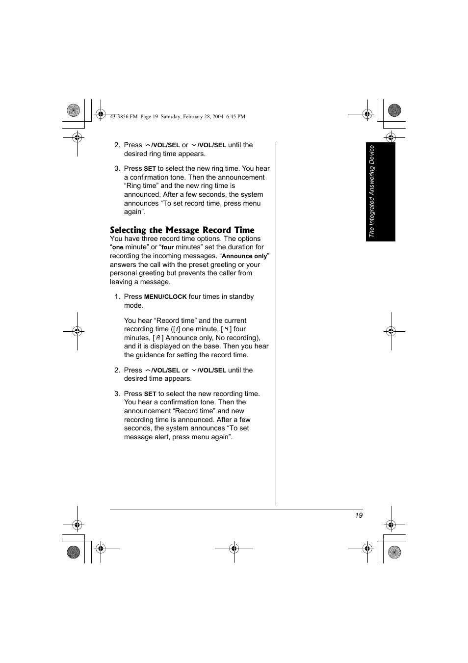 Selecting the message record time | Radio Shack 43-3856 User Manual | Page 19 / 36