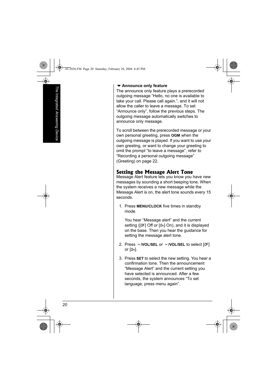 Setting the message alert tone | Radio Shack 43-3856 User Manual | Page 20 / 36