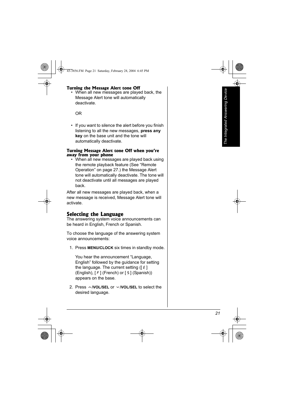 Selecting the language | Radio Shack 43-3856 User Manual | Page 21 / 36