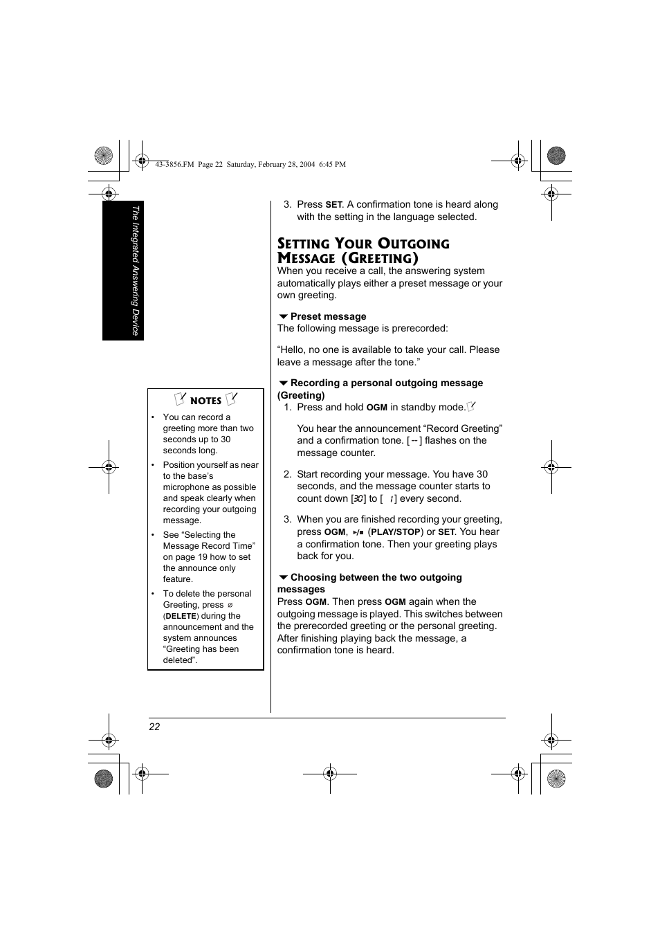 Setting your outgoing message, Greeting) | Radio Shack 43-3856 User Manual | Page 22 / 36