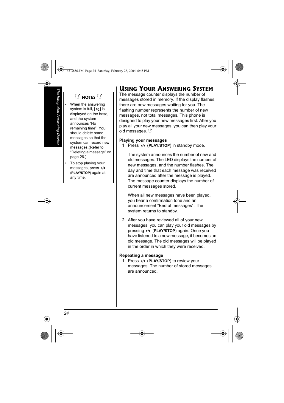 Using your answering system | Radio Shack 43-3856 User Manual | Page 24 / 36