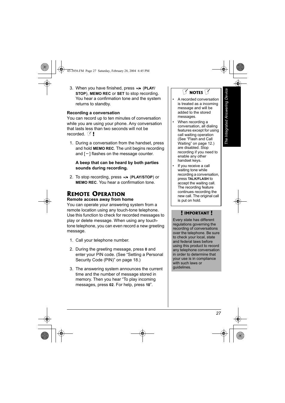 Remote operation | Radio Shack 43-3856 User Manual | Page 27 / 36