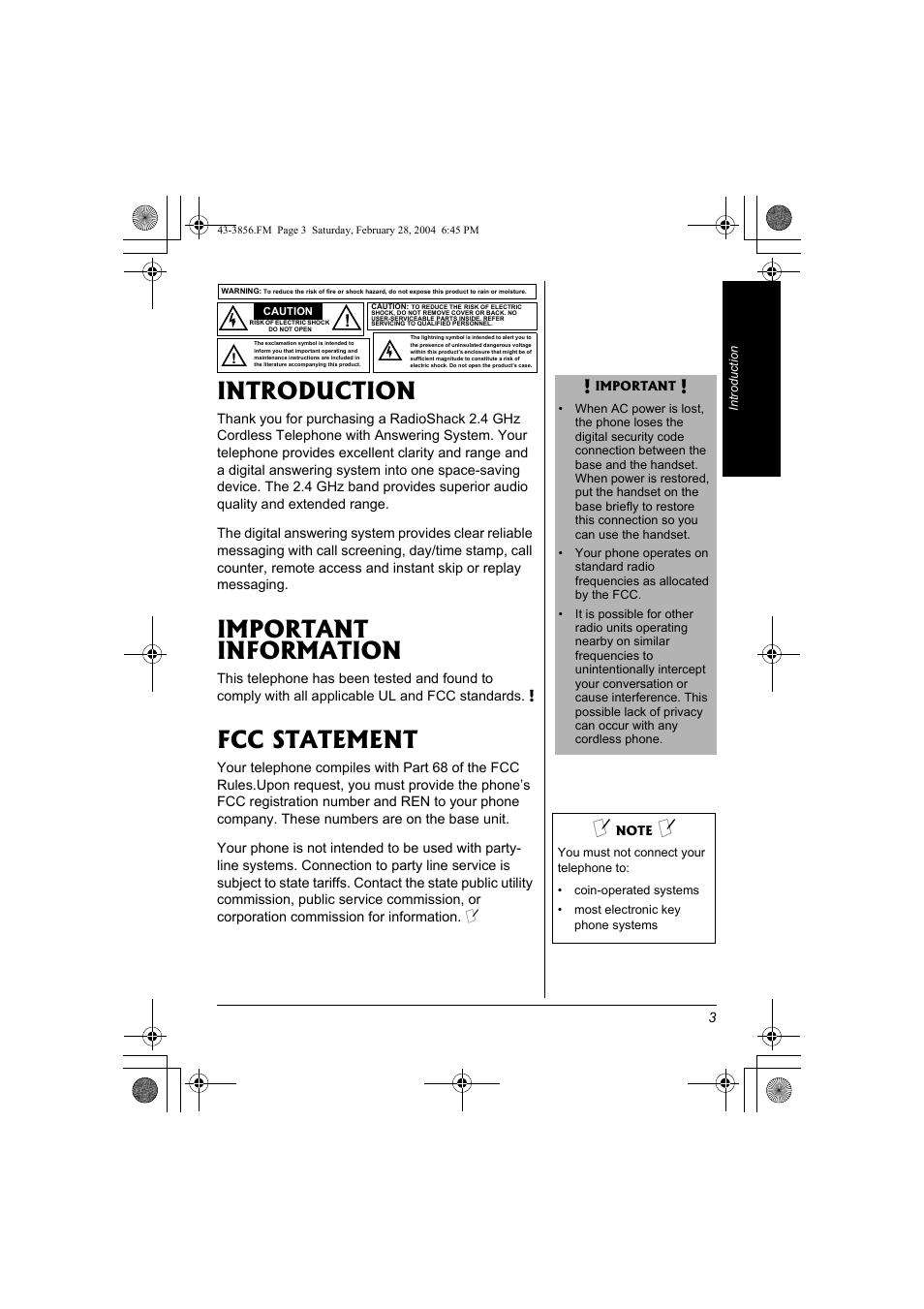 Introduction important information fcc statement, Introduction, Important information | Fcc statement | Radio Shack 43-3856 User Manual | Page 3 / 36