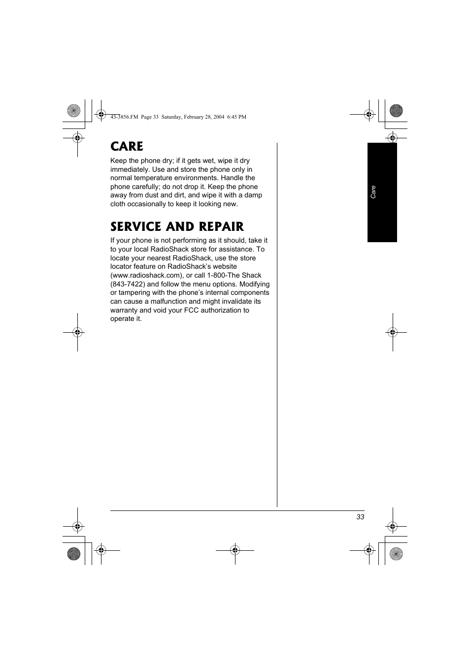 Care service and repair, Care, Service and repair | Radio Shack 43-3856 User Manual | Page 33 / 36