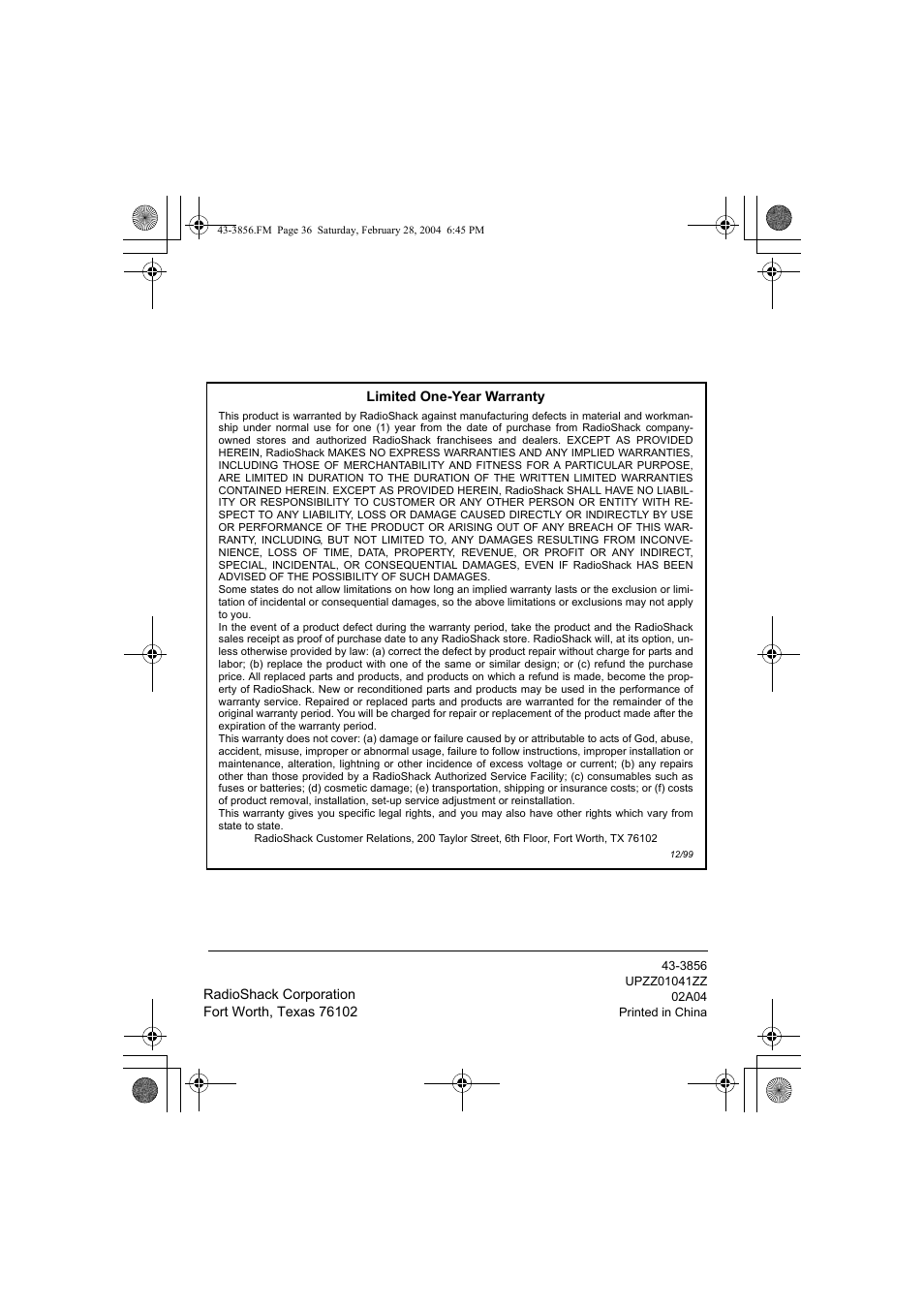 Radio Shack 43-3856 User Manual | Page 36 / 36