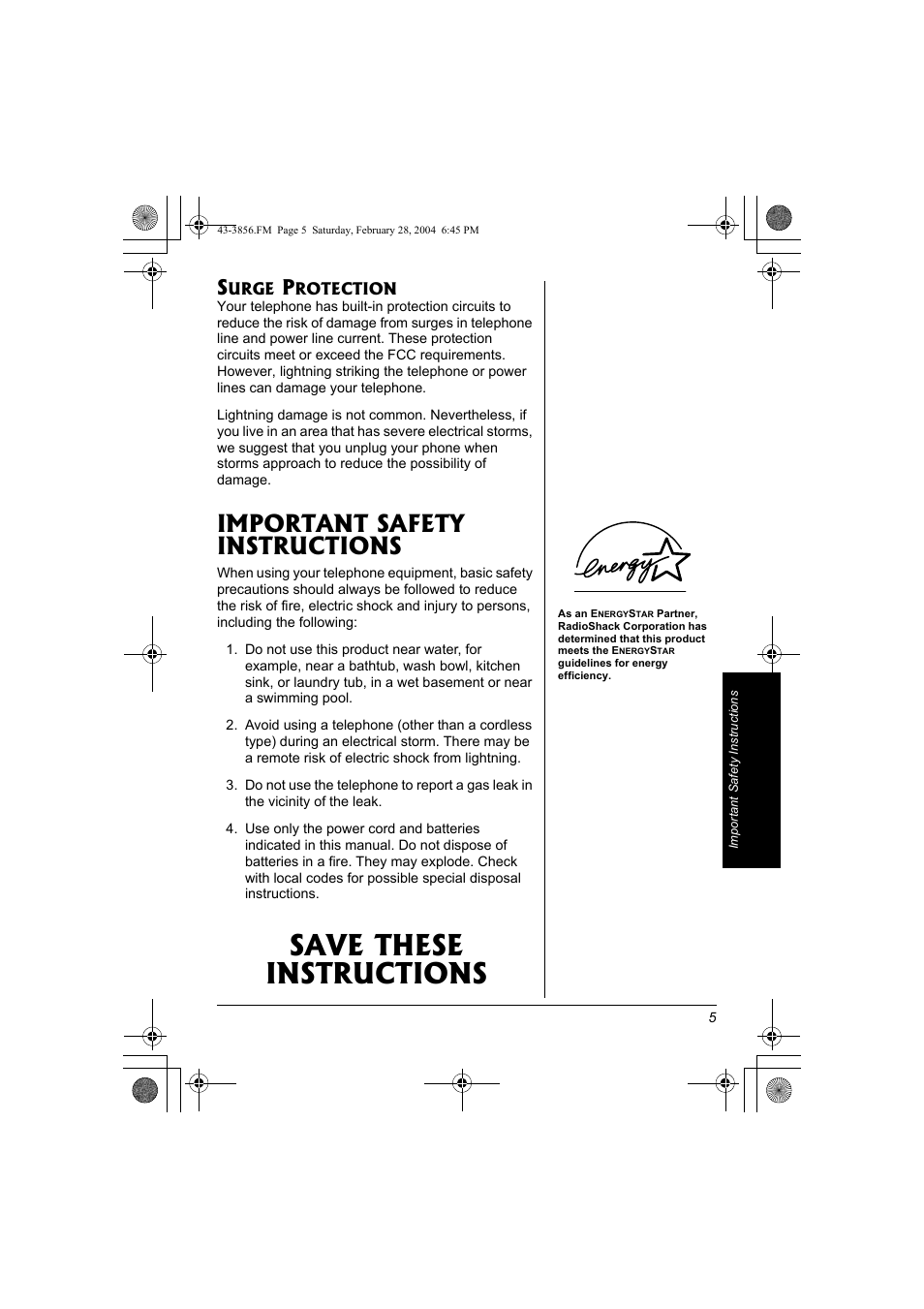 Surge protection, Important safety instructions, Save these instructions | Radio Shack 43-3856 User Manual | Page 5 / 36