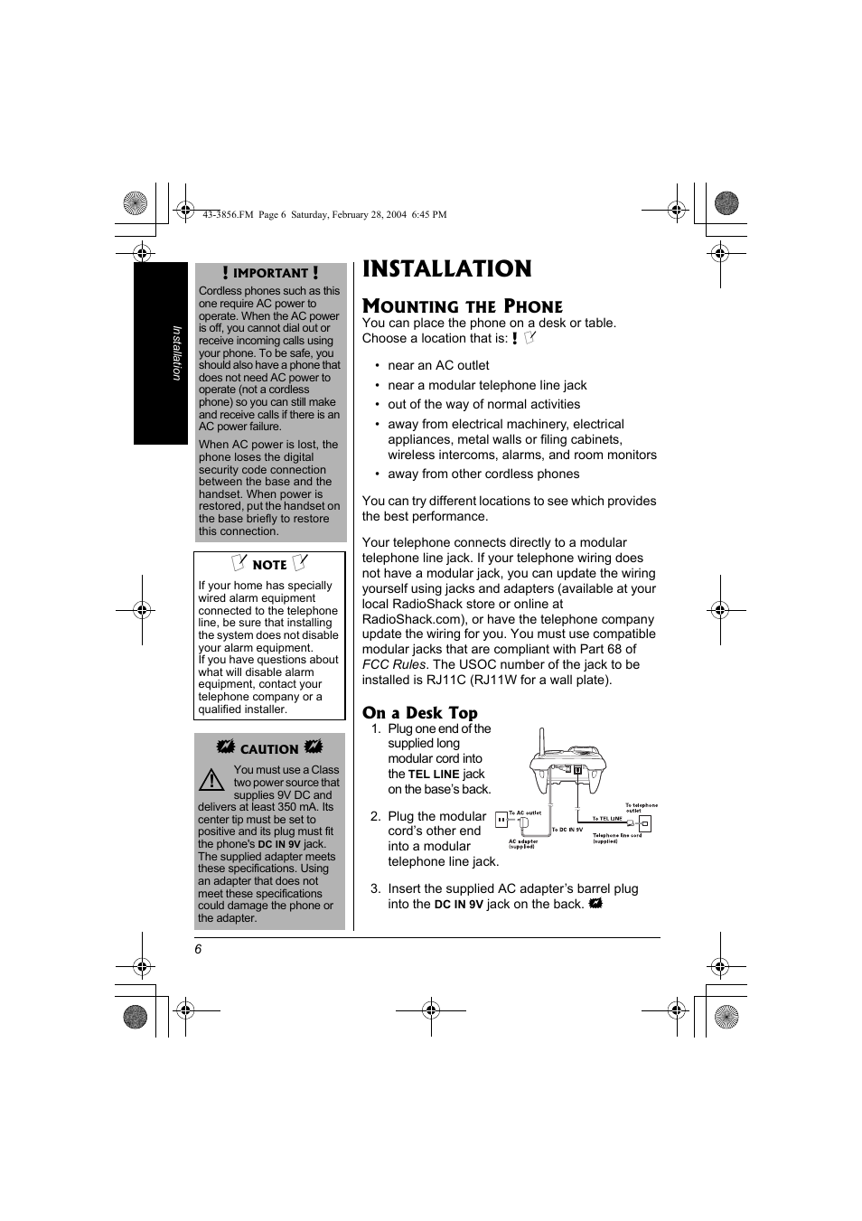 Installation, Mounting the phone, On a desk top | Radio Shack 43-3856 User Manual | Page 6 / 36