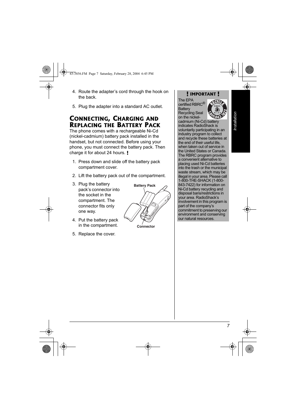 Connecting, charging and replacing the, Battery pack | Radio Shack 43-3856 User Manual | Page 7 / 36