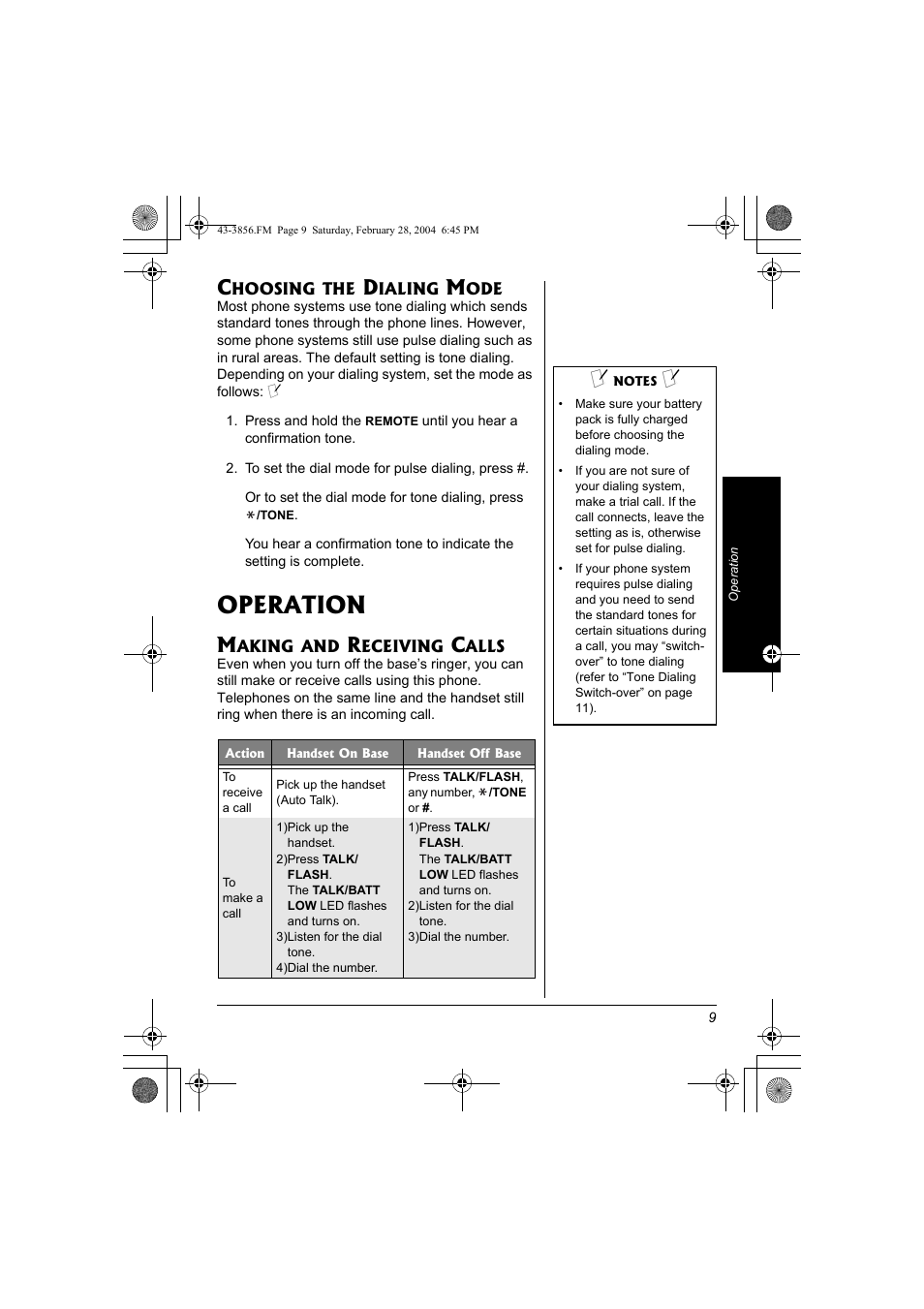 Choosing the dialing mode, Operation, Making and receiving calls | Radio Shack 43-3856 User Manual | Page 9 / 36