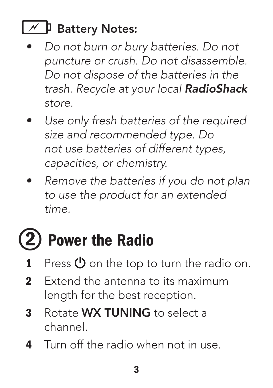 Power the radio | Radio Shack 12-500 User Manual | Page 3 / 8