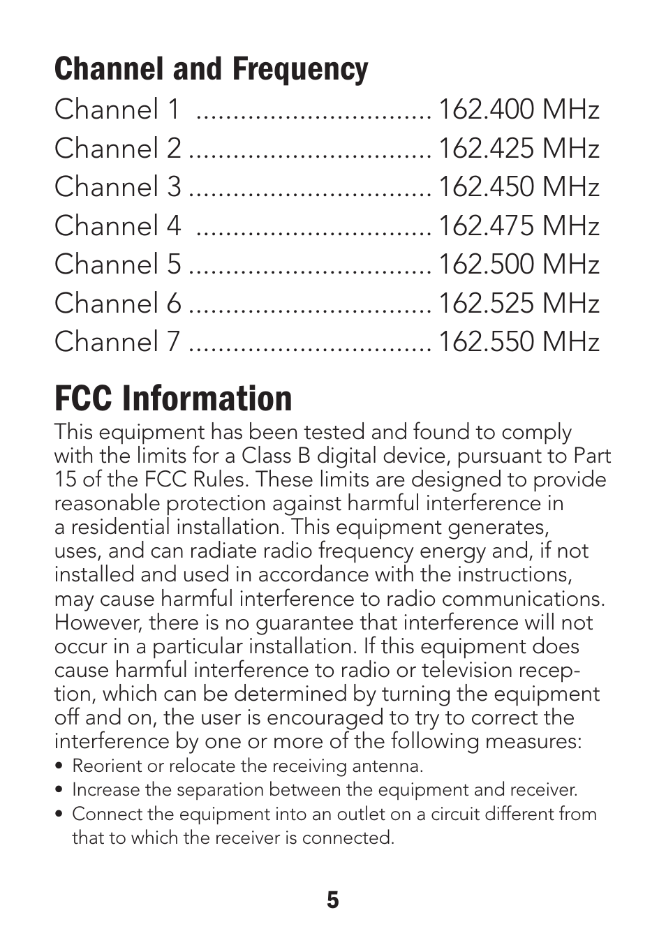 Fcc information, Channel and frequency | Radio Shack 12-500 User Manual | Page 5 / 8