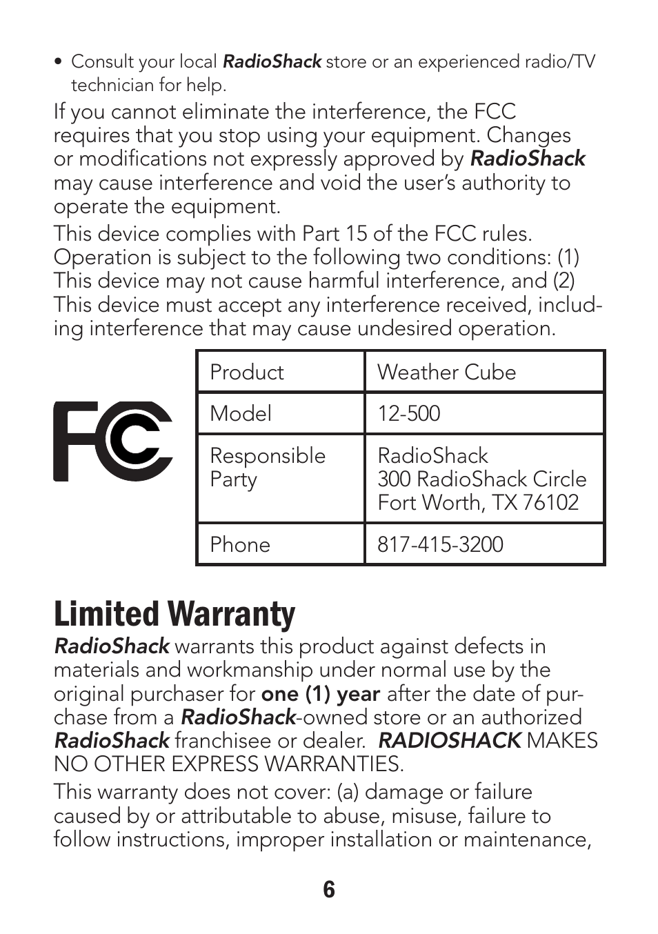 Limited warranty | Radio Shack 12-500 User Manual | Page 6 / 8